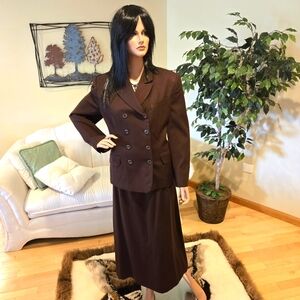 Vintage Rena Rowan Brown Double-Breasted Woman's Suit, Midi-Skirt, Size 12